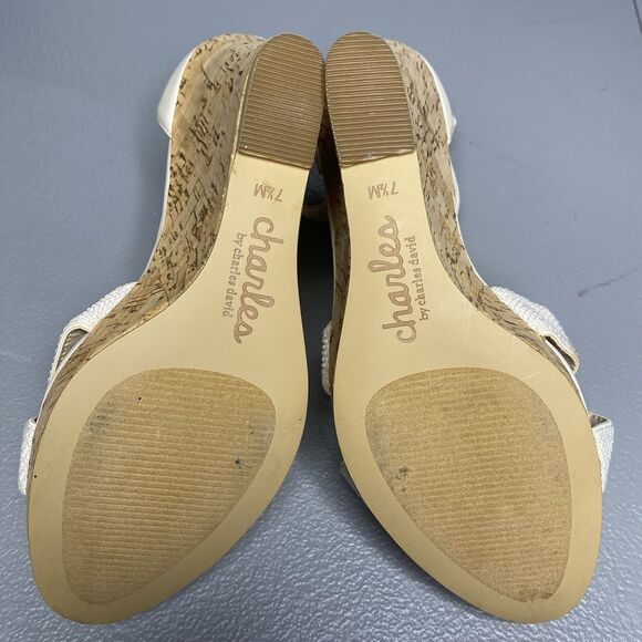 Charles David Platform Sandals Size 7.5 Wedge Zip Back Stretch Strap Beige - Picture 7 of 9